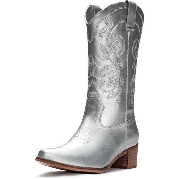 Shoes - Women's Silver Pointy Toe Faux Leather Western Cowgirl Mid Calf Boots